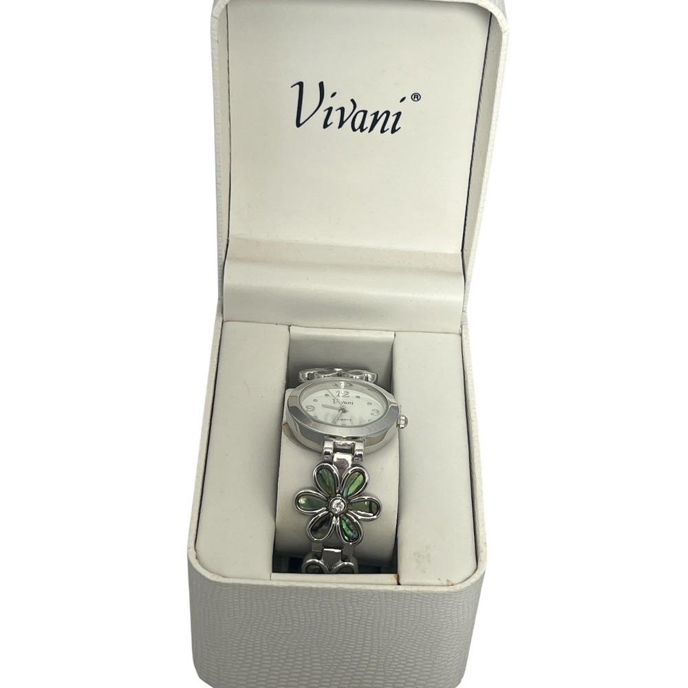 Vivani Women's Silver Tone Green Abalone Flower Bracelet Quartz Wristwatch